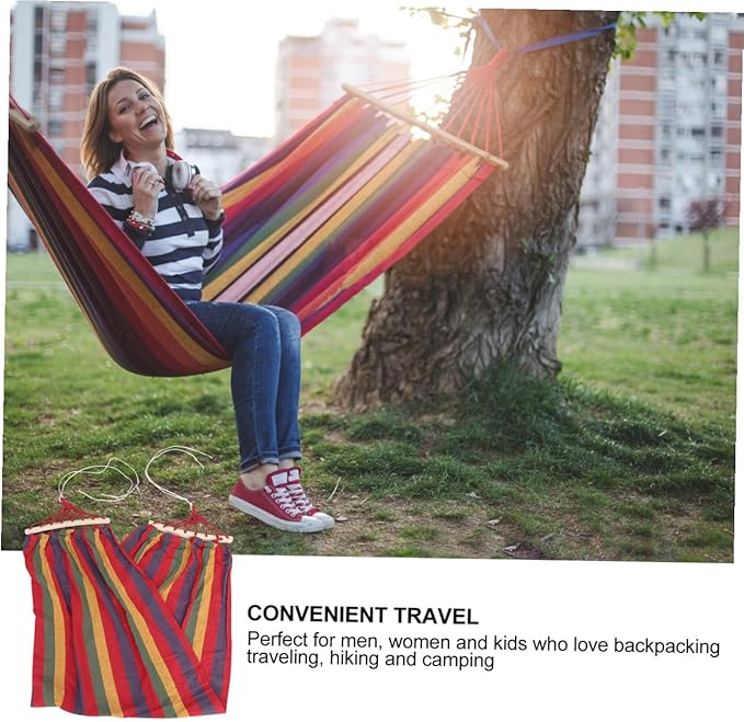 Kisangel Single Person Rainbow Striped Hammock with Anti-tip Design, Widened Canvas Cotton Outdoor Swing for Camping and Travel, Leisure Patio and Garden Hanging Hammock