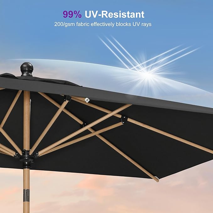 PURPLE LEAF 6' x 9' Patio Umbrella Rectangular Outdoor Table Umbrella Aluminum Market Umbrella with Push Button Tilt & 8 Sturdy Ribs and Crank for Garden Deck Patio, Black