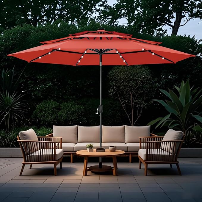 GREEN PARTY 10ft Patio Umbrella with Solar Lights, Auto-Tilt Lighted Market Table Umbrellas with Crank, 8 Sturdy Ribs & 1.5" Pole outdoor umbrellas for Patio Garden Deck Backyard Pool, Orange Red