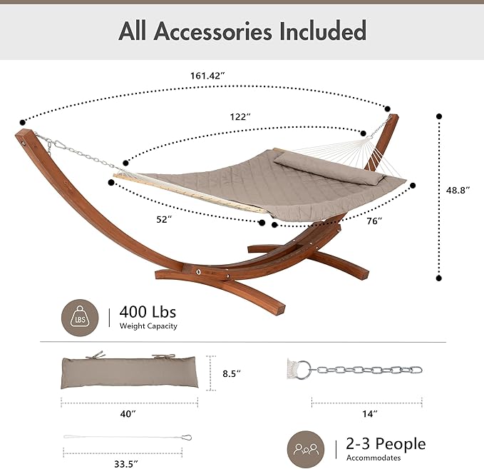 ANOW 13.5FT Curved Wooden Stand with Rope Hammock, Heavy Duty Larch Wood Arc Stand with 2 Chains, 4 Balance Ropes and 4 Carabiners, Includes Light Brown Hammock with Spreader Bars