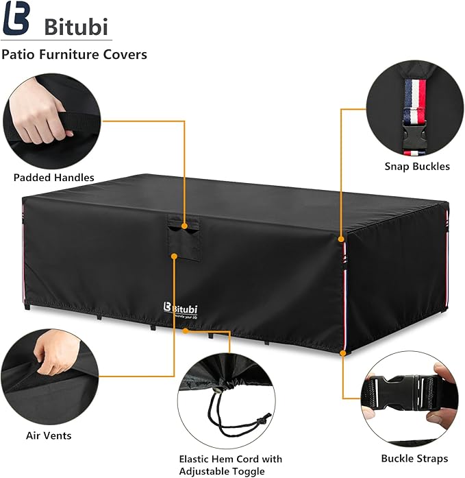 Bitubi Rectangular Patio Table Cover - Heavy Duty 600D Tough Canvas Waterproof Outdoor Dining Table and Chairs Universal Furniture Cover Size 111L x 74W x 28H inch, Black