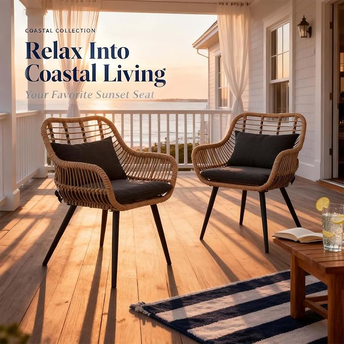 JOIVI 2 PCS Outdoor Patio Chairs, Wicker Dining Chairs with Armrest, Black | Set of 2, All-Weather Outdoor Seating with Iron Frame, w/Seat Cushions, Balcony Furniture for Apartments, Porch, Backyard