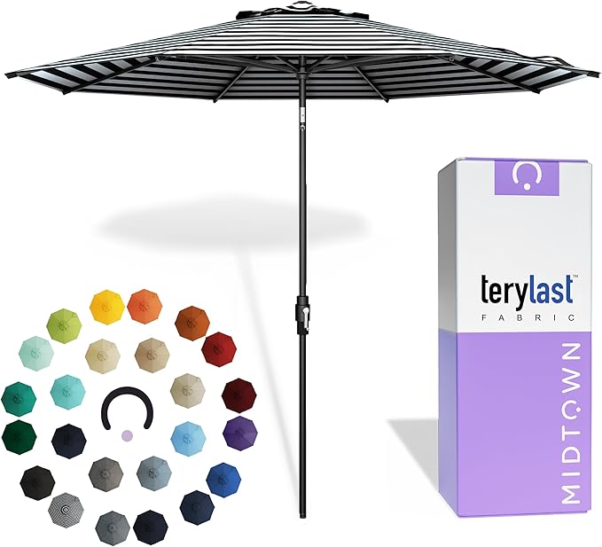 The Swilt 8 Feet Outdoor Umbrella With Terylast Zebra (Black/White Stripes) Polyester Fabric - Fiberglass Ribs, Auto-Tilt And Swivel Aluminum Frame Patio Umbrella For Deck, Garden, Pool - Black Pole