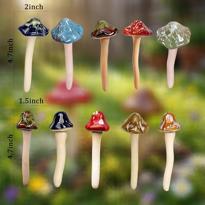 10 Pack Ceramic Mushroom Garden Decor, Outdoor Fairy Garden Ornament | 4.7" Tall Pottery Mushroom Statues, Colorful Outside Decorations for Yard, Lawn, Patio, Indoor Plant Flower Pots