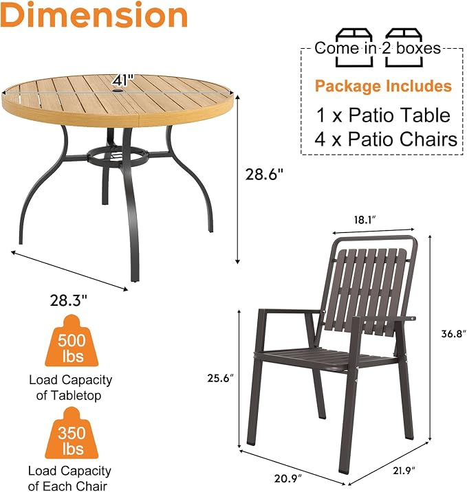 Outdoor Patio Dining Set for 4, 5 Pieces Patio Table and Chairs Set with Umbrella Hole, 41"x 41" Round Metal Wood-Grain Dining Table Set with 4 Metal Frame Patio Chairs for Deck , Backyard, Porch