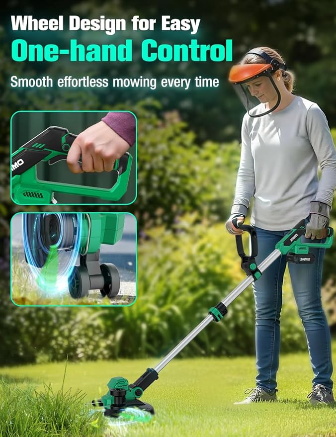 KIMO 12 Inch Cordless Weed Wacker Battery Operated w/ 2 x 2.0Ah Batteries, 2-in-1 String Trimmer & Edger with Charger & Wheels, 6pcs Replacement Spools, Fast Charger