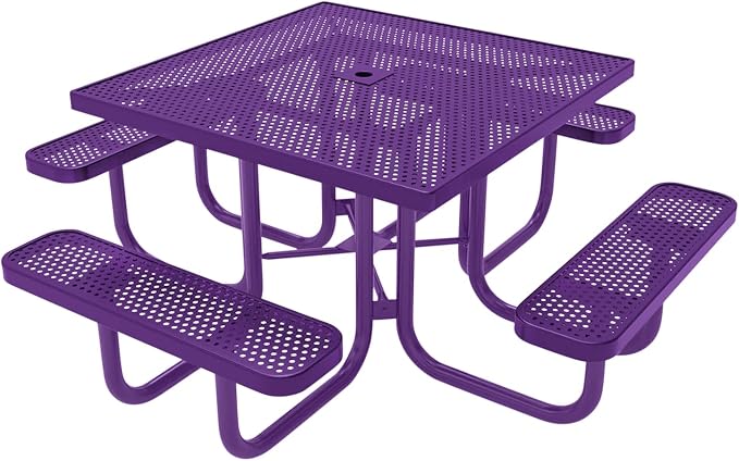 COATEDOUTDOORFURNITURE Heavy-Duty Portable Outdoor Picnic Table with Umbrella Hole, Punched Steel Commercial-Grade Patio Furniture Made in America (46" Square Top, Purple with Purple Frames)