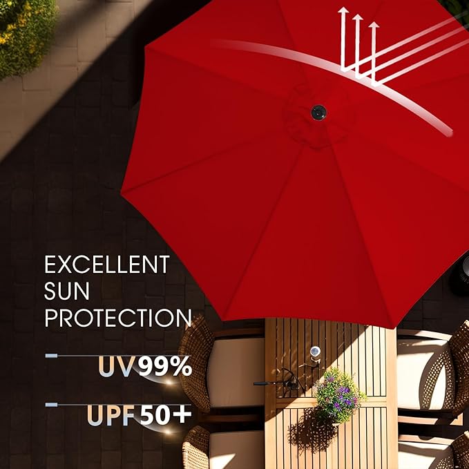 wikiwiki 9FT Patio Umbrella with Base, Outdoor Umbrellas with Base Included, 8 Sturdy Ribs, Waterproof Fade Resistant POLYESTER DTY Canopy for Deck, Lawn, Garden, Backyard & Pool, Red