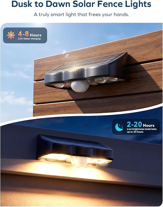 Solar Fence Lights Outdoor with Motion Sensor, 4 Pack Warm White Fence Lights Solar Powered 3 Modes IP65 Waterproof Dusk to Dawn Outdoor Lights for Patio Deck Wall Backyard Garden Decorative