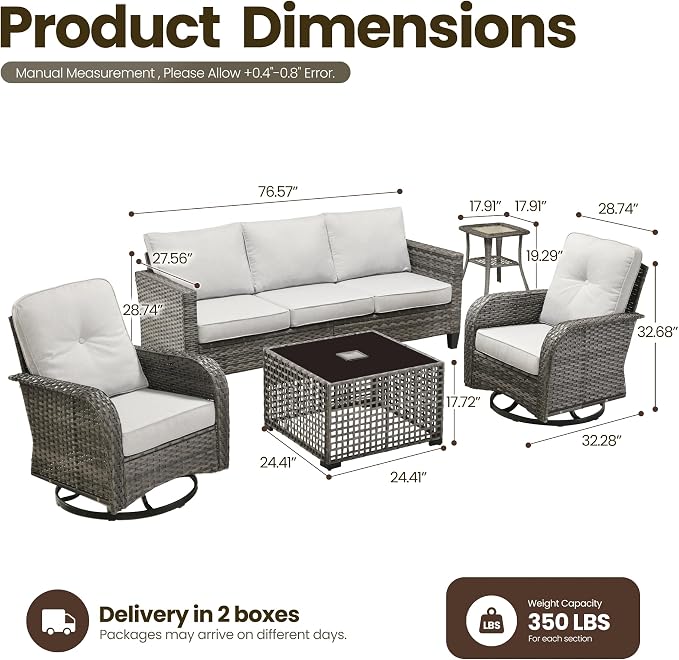 5 Piece Wicker Patio Furniture with Swivel Rocker Chair, Gray | High Back Swivel Rocker Chairs, All Weather Rattan Outdoor Sofa, Solar Lights Table, Modern Conversation Sets, Deck Backyard