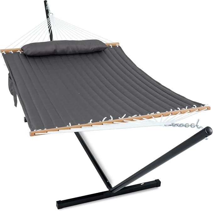 GAFETE 2 Person Hammock with Stand for Outside, Heavy Duty Steel Stand, 55inch Double Hammocks, Large Removable Pillow, Storage Bags, Max 475 lbs Capacity (Dark Grey)