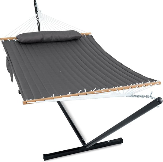 GAFETE 2 Person Hammock with Stand for Outside, Heavy Duty Steel Stand, 55inch Double Hammocks, Large Removable Pillow, Storage Bags, Max 475 lbs Capacity (Dark Grey)