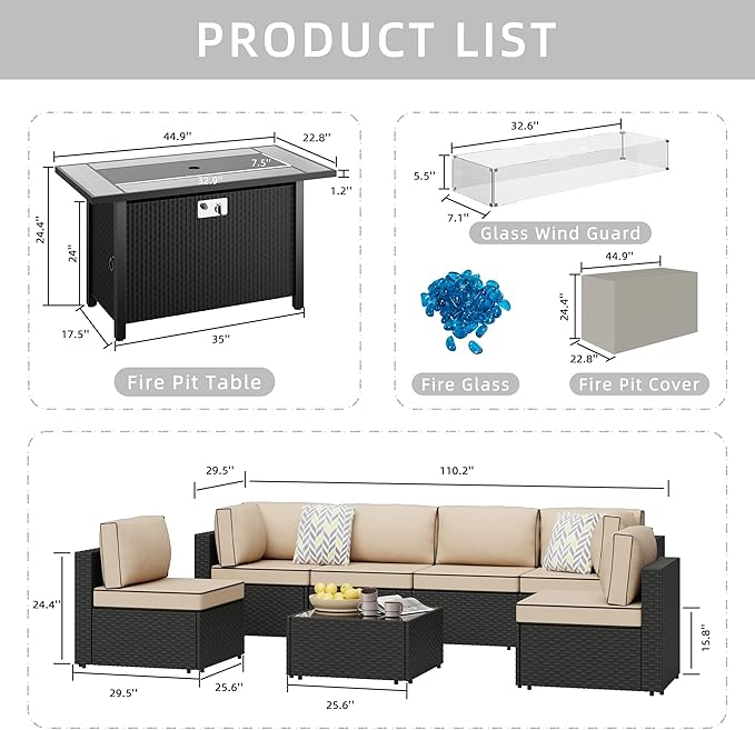 JAMFLY 8 Piece Outdoor Patio Furniture Set with Propane Fire Pit Table, All-Weather PE Wicker Rattan Sectional Sofa Set with Thick Cushions for Backyard, Garden, Poolside(Khaki, Black)