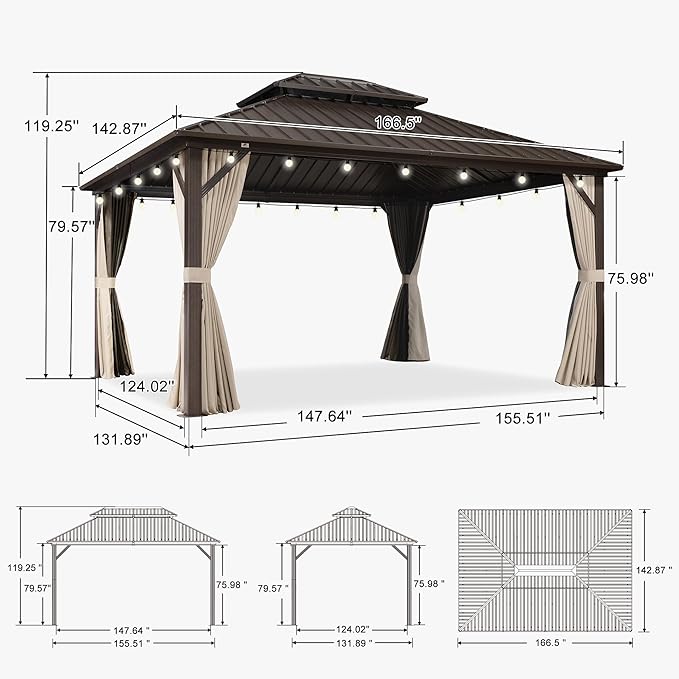 PURPLE LEAF 12’ X 14' Hardtop Gazebo Outdoor Metal Frame Galvanized Steel Double Roof with Curtains and Nettings for Patio Desk Backyard Bronze