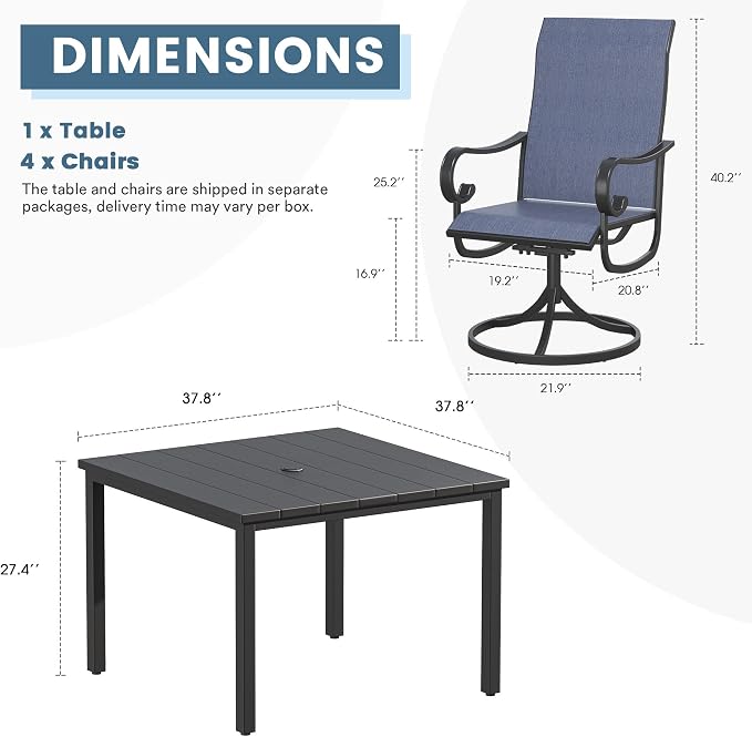 DIFY 5 Pieces Patio Dining Set, 40.2" Black Square Dining Table with Umbrella Hole and 4 Blue Swivel Patio Chairs, All Weather Metal Outdoor Dining Furniture Set for Lawn Garden Balcony