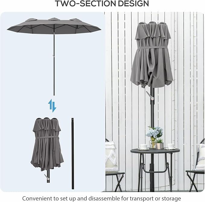 Outsunny Double Sided Patio Umbrella, 9.5' Large Outdoor Market Umbrella with Tilt and Crank, 3 Air Vents and 12 Ribs, for Garden, Deck, Pool