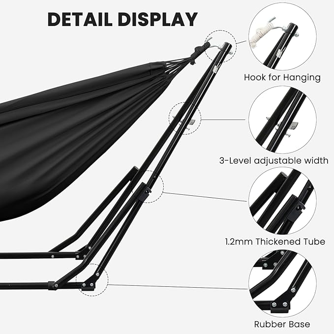 Hammock with Portable Steel Stand and Carrying Bag for Outside,Easy Set Up for Outdoor,Indoor,Backyard,Patio,Camping,Garden,Trip (Black)