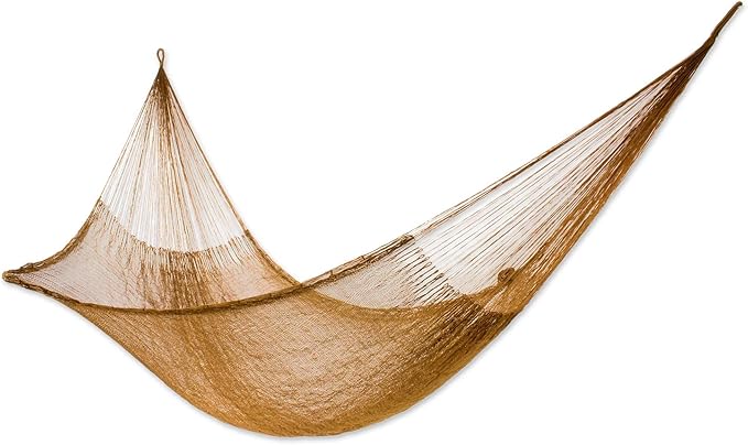 NOVICA Metallic Copper Brown Hand Woven Nylon Mayan 1 Person Rope Hammock, 'Glowing Copper' (Single)