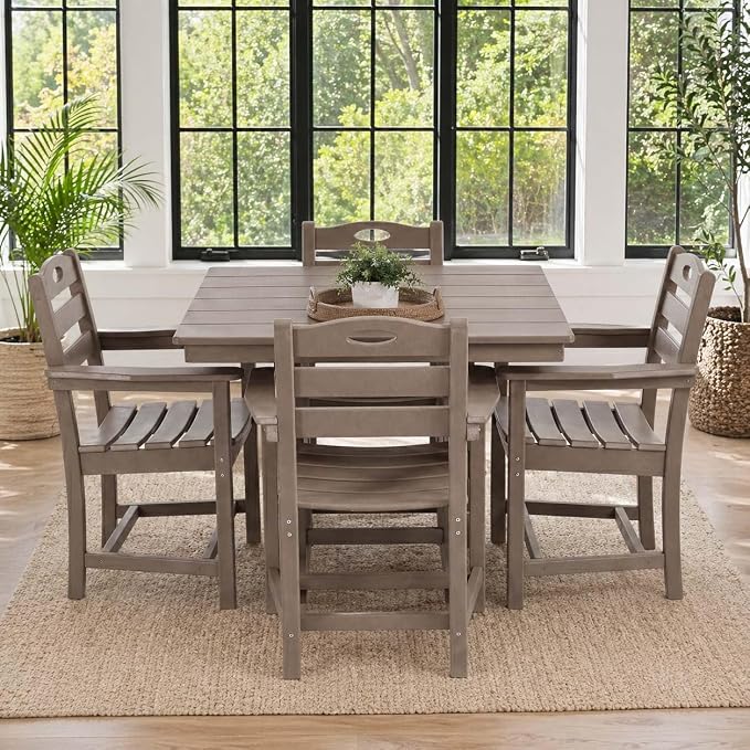 WILLIAMSPACE 37.8" Outdoor Patio Dining Set with 4 Armchairs, All Weather HDPE Square Dining Table with Umbrella Hole, Patio 5-Piece Bistro Set for Backyard, Balcony, Lawn, Kitchen (Brown)