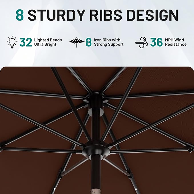 AreShark 9FT Patio Umbrella with Solar Lights, 32 Lighted Pool Umbrella w/Tilt and Crank, Outdoor Market Solar Umbrellas for Garden, Deck, Backyard, Pool and Beach, Brown