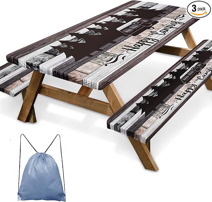 Picnic Table Cover with Bench Covers Elastic Edges, Grey Camper Fitted Table Cover, Outdoor Patio Camping Essentials 72 Inch 3PCS, Waterproof Camping Fitted Tablecloth with Drawstring Bag