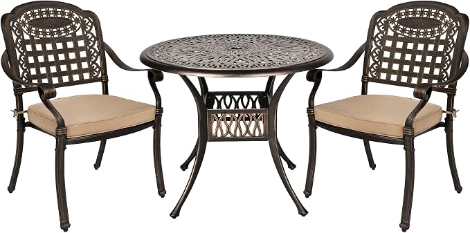 Grepatio 3 Piece Bistro Set Outdoor Cast Aluminum Patio Dining Set Table and Chairs Outside Bistro Furniture 2 Mesh Dining Chairs with Khaki Cushion and 1 Umbrella Table for Lawn Garden