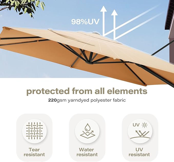 LAUSAINT HOME 9ft Square Cantilever Patio Umbrella, Outdoor Offset Hanging Umbrella with 360° Rotation & Aluminum Pole for Backyard, Pool, Lawn, Deck, Khaki