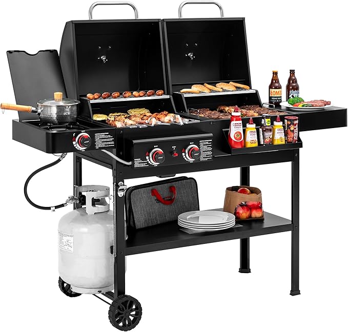 ZH3005 2-Burner Gas and Charcoal Combo Grill with Side Burner, 34,000 BTU Dual Fuel Grill, 823 Sq. In. Cooking Area, for Outdoor Patio Garden Picnic Backyard Cooking, Black
