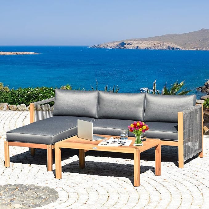 Giantex 3 Piece Outdoor Patio Furniture Set, Acacia Wood Sectional Sofa w/Seat Cushions, Wooden Conversation Seat Couches and Coffee Table, Cushioned Garden Sofa Set for Outdoor Indoor (Grey)