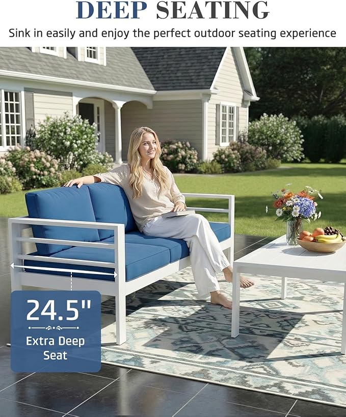 AECOJOY Aluminum Patio Furniture Set, 9 Seats Modern Outdoor Furniture with Coffee Table, 7 Pieces Metal Conversation Sectional Sofa, White Frame/Blue Cushion