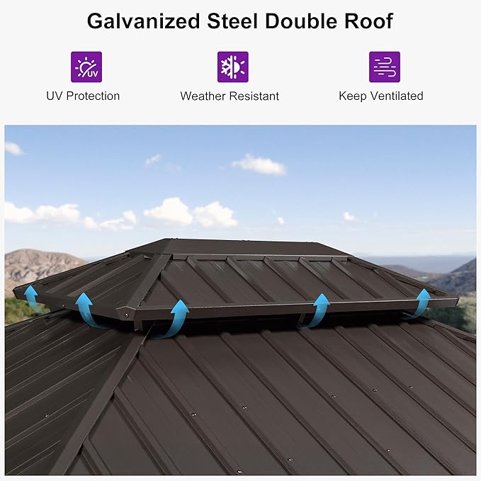 PURPLE LEAF 8’ X 10’ Outdoor Hardtop Gazebo Metal Frame Galvanized Steel Double Roof with Curtains and Nettings for Patio Desk Backyard Bronze