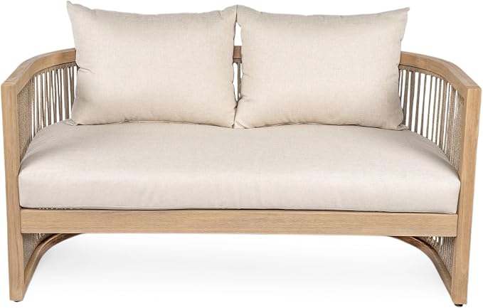 Christopher Knight Home Eden 5 Piece Patio Furniture Set with MGO Fire Pit + Tank Holder, 4-Seater Outdoor Acacia Wood Conversation Set with Cushions and Rectangular Fire Table, Light Teak+Beige+Gray