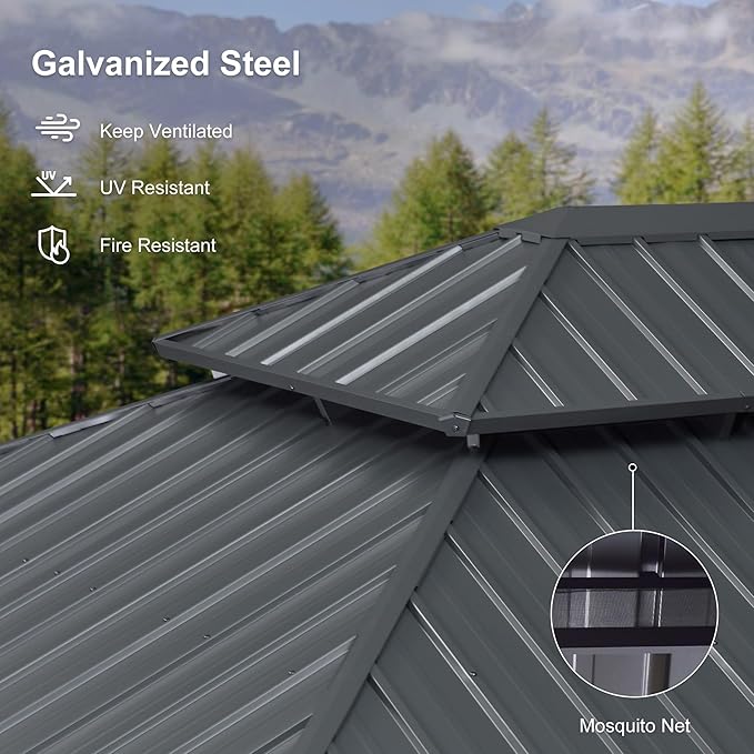 PURPLE LEAF 11 X 13' Permanent Hardtop Gazebo Aluminum Gazebo with Galvanized Steel Double Roof for Patio Lawn and Garden Curtains and Netting Included Grey