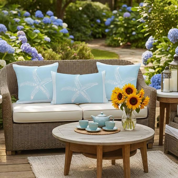 Coastal Starfish Ocean Starfish Summer Stripe Sky Blue Decorative Garden Pillowcase with Zipper Cushion Case for Patio Couch Tent