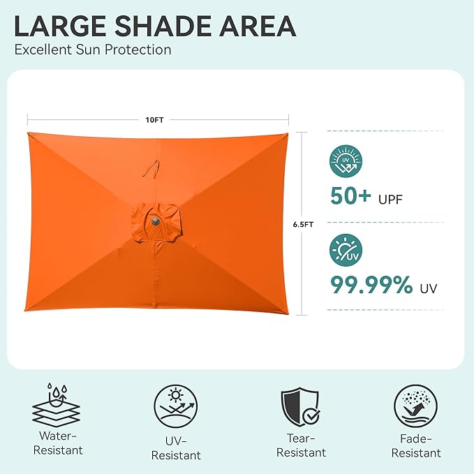 HASLE OUTFITTERS Rectangular Patio Umbrella, 6.5 x 10 ft Rectangle Table Umbrellas w/Heavy Duty Ribs, Effortless Crank and Push Button Tilt, Wind Resistant Sun Umbrella for Outdoor Patio, Orange