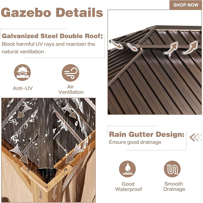 EROMMY 12'x20' Hardtop Gazebo, Wooden Finish Coated Aluminum Frame Pergola with Galvanized Steel Roof, Outdoor Metal Gazebos with Curtains and Nettings for Patio, Backyard, Deck and Lawns