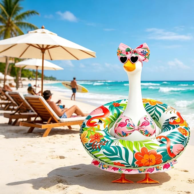 23 in Porch Goose Summer Outfit Bikini, Hawaiian Porch Goose Swimsuit Clothes Costume Accessories with Bow Glasses Swim Ring for 23" Summer Goose Garden Patio Statue Decor (Flamingos)