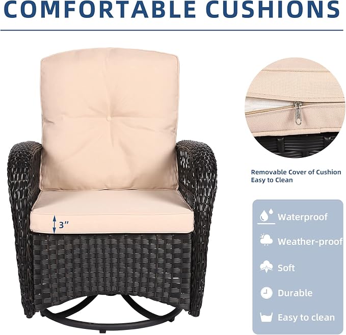 3-Piece Patio Wicker Conversation Bistro Set, Rattan Gliding Rocking Swivel Chairs with Cushion and Glass Top Side Table Outdoor Furniture Sets for Garden Backyard, Dark Brown