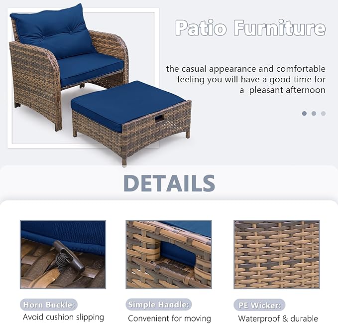 5 Piece Outdoor Patio Chair with Ottomans and Table PE Wicker Rattan Patio Conversation Furniture Set Space Saving Design Wicker Outdoor Chairs Set for Front Porch (Blue Cushion Brown Rattan)
