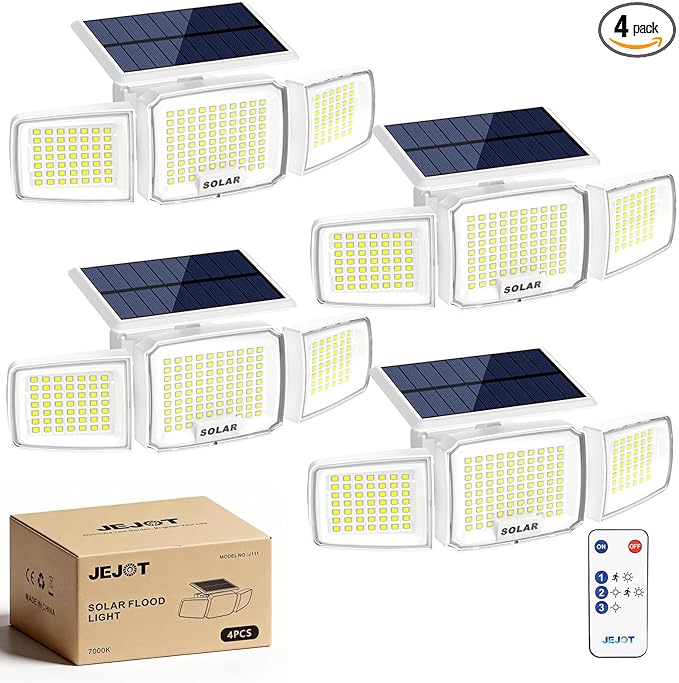 White Solar Security Light Outdoor Super Bright LED, Motion Sensor Solar Flood Light, 3 Heads 270° Wide Angle, Remote Control,IP65 Waterproof, 3 Modes (4 Packs)