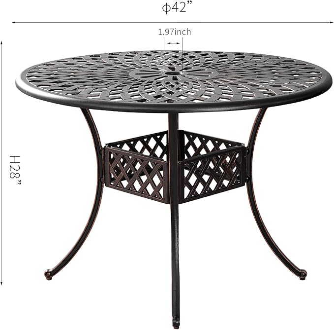 Outdoor Round Cast Aluminum Patio Dining Table with Umbrella Hole, 42" Outdoor Table Metal Frame for Backyard Lawn Balcony Deck, Bronze (42" Round Table)