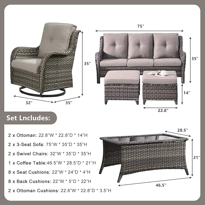 Rilyson Wicker Patio Furniture Set - 7 PC Rattan Outdoor Sectional Conversation Sets with 2 Rocking Swivel Chairs,2 Ottomans,2 Sofa and 1 Coffee Table for Porch Deck Garden(Mixed Grey/Grey)