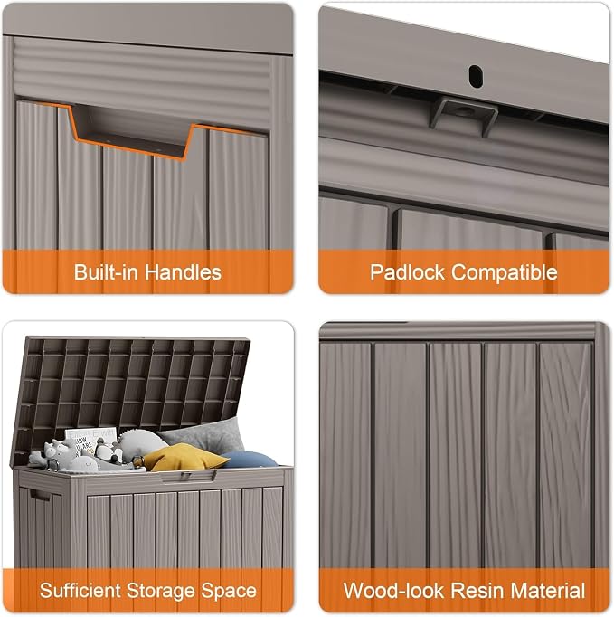 Vixzen 45 Gallon Resin Deck Box, Lockable Outdoor Storage Box for Patio Cushions Storage Furniture,Garden Tools, Pool Supplies, Weatherproof and UV Resistant- Light Brown