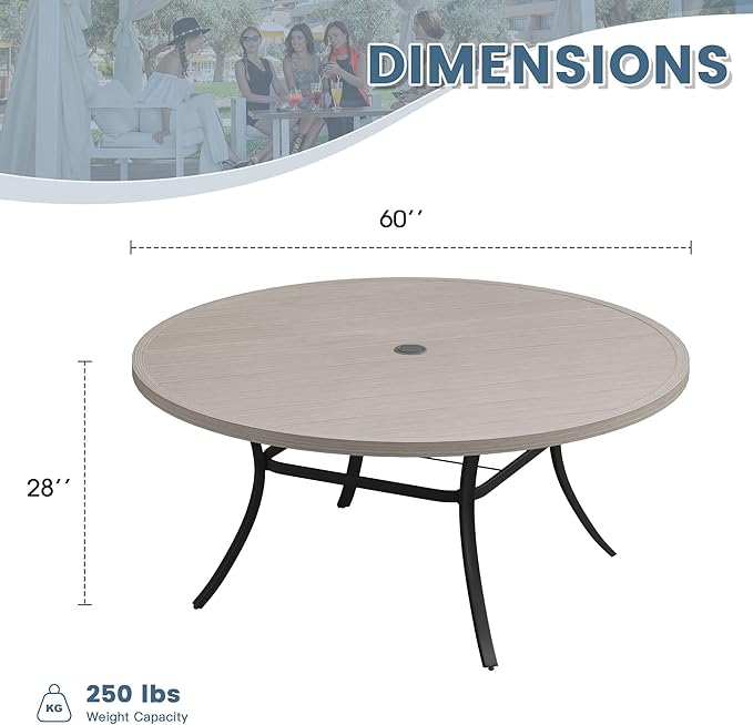 DIFY 60" Round Outdoor Patio Dining Table for 8-10, Metal Patio Table with 1.57" Adjustable Umbrella Hole, All-Weather Dining Furniture Table for Backyard Lawn Garden, Grey Wood-Like