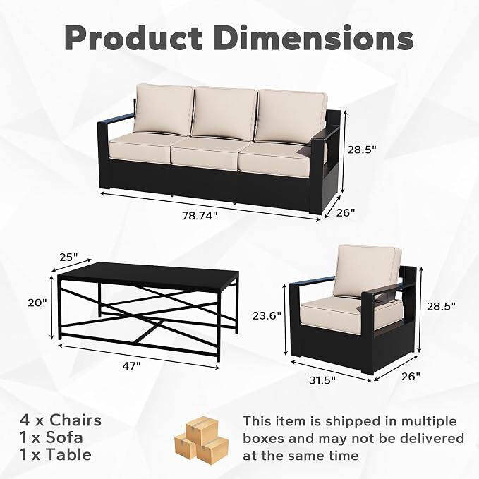 Outdoor Aluminum Furniture Set, 6-Piece Patio Conversation Set, 4 Chairs 1 Sofa and 1 Table, All-Weather Metal Frame, 6" Thick Removable Cushions, Deep Setting for Garden, Poolside and Porch
