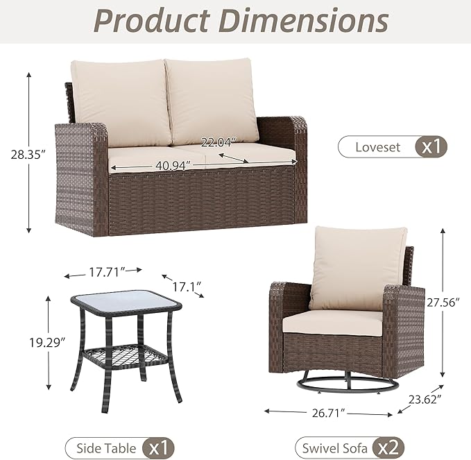 HOMREST 4 Piece Wicker Patio Furniture Set, 360 Degree Outdoor Swivel Patio Chairs w/Coffee Table and Loveseat, Small Patio Furniture Set for Garden, Deck and Poolside (Khaki)