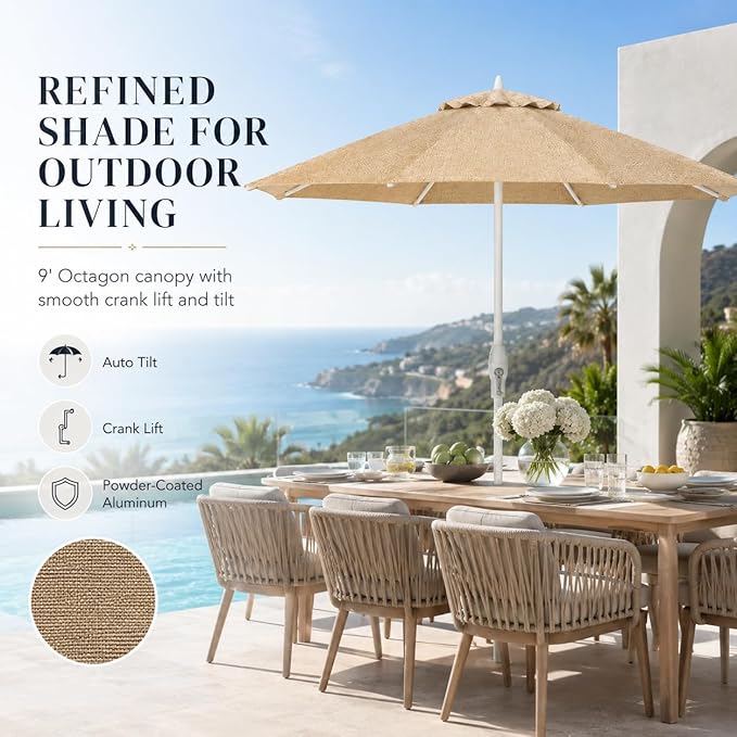 Treasure Garden 9ft Patio Umbrella - Outdoor Furniture Market Umbrella – Deluxe Auto-Tilt – White Aluminum Frame (Sunbrella, Heather Beige)