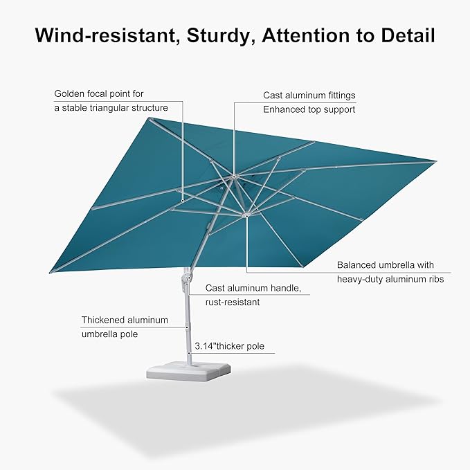 PURPLE LEAF 10' × 13' Patio Umbrella White Cantilever Umbrella Aluminum Square Outdoor Offset Umbrella Hanging Windproof with 360° Rotation for Garden Deck Pool, Turquoise