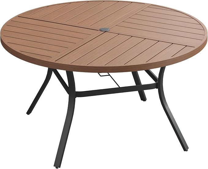 VICLLAX 50" Round Patio Dining Table for 6, All Weather Metal Outdoor Table with 1.57" Umbrella Hole and Surdy Frame for Garden Lawn Deck, Walnut