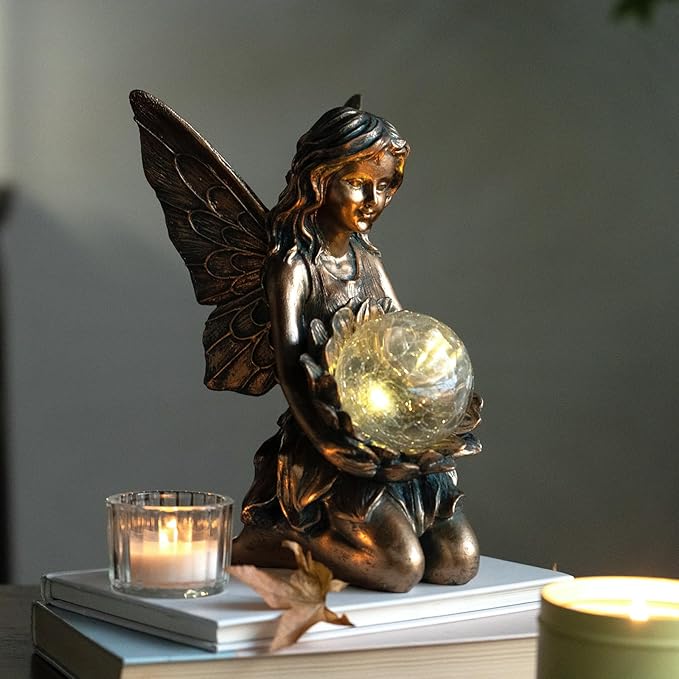 Suyorpe Garden Statues Outdoor Flower Fairy Decor,Solar Powered Outdoor Resin Statues-Patio Lawn Yard Porch, Funny Fairies Ornaments Figurines for Outside Garden Gifts,8.31 Inches Tall
